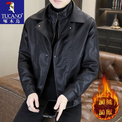 啄木鸟加绒保暖皮夹克男拉链