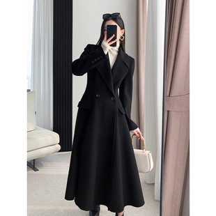 黑色毛呢大衣女款2025新款高个子胖mm收腰显瘦大裙摆秋冬呢子外套