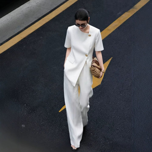 短袖西服直筒裤两件套夏装大码
