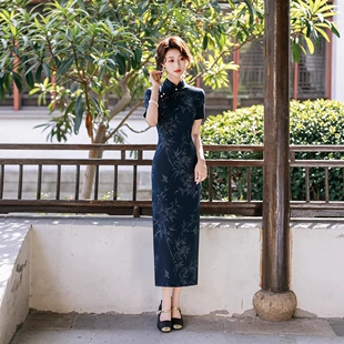 夜上海旗袍演出服军阀姨太太复古风高端改良女深蓝色长裙气质遮肉