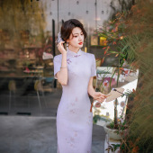 金陵十三钗复古风淡紫色改良旗袍女短袖 显瘦中国风中长裙刺绣 修身