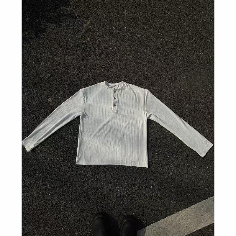 thumbnail for Ice silk cool henley collar long sleeve T-shirt men's spring and summer fashion brand embroidery loose stretch drape underwear base layer