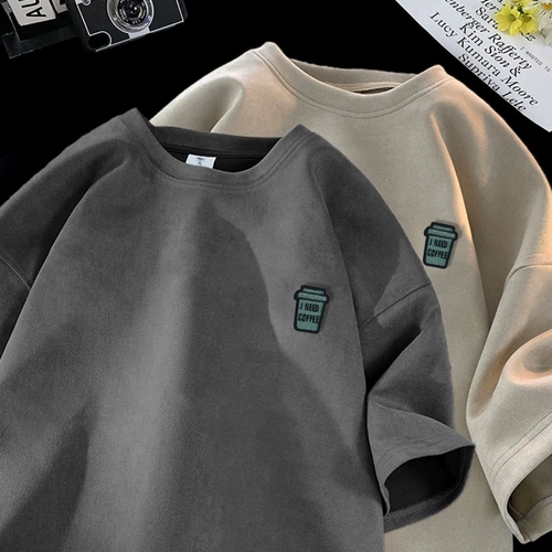 Бархатная летняя ретро дизайнерская футболка, короткий рукав, круглый воротник, европейский стиль, оверсайз, свободный крой