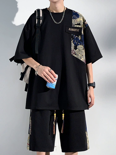 Летний комплект для отдыха, шорты, штаны, китайский стиль, оверсайз, большой размер, короткий рукав, с медвежатами