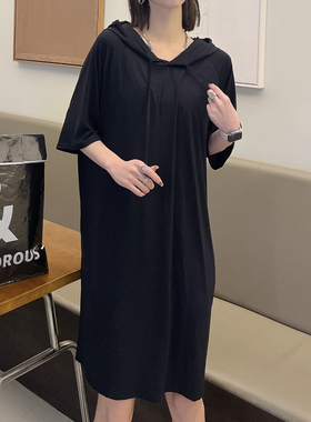 春夏韩版薄款莫代尔连衣裙女裙连帽中长款打底裙短袖宽松黑色大码