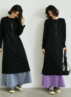 春季韩版开叉两件套连衣裙女宽松圆领长裙黑色搭配打底裙长袖大码