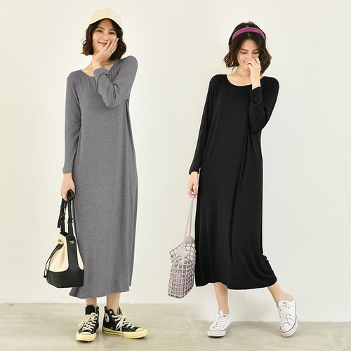 韩版A字莫代尔纯色宽松长袖长裙