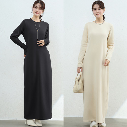 秋冬日系外穿加绒打底长裙长袖连衣裙女高级感纯色过膝长款百搭裙