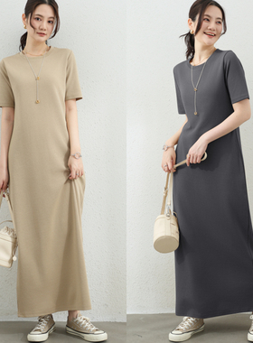 夏季日系外穿棉质打底长裙短袖连衣裙女高级感纯色过膝长款百搭裙