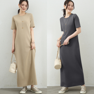 夏季日系外穿棉质打底长裙短袖连衣裙女高级感纯色过膝长款百搭裙