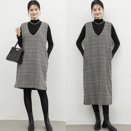 秋冬日系洋气连衣裙女V领毛呢中长款背心裙格子外穿无袖过膝长裙