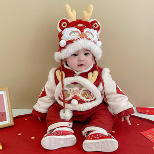 婴儿拜年服冬季连体衣百天周岁抓周礼服新年男宝女宝喜庆过年衣服