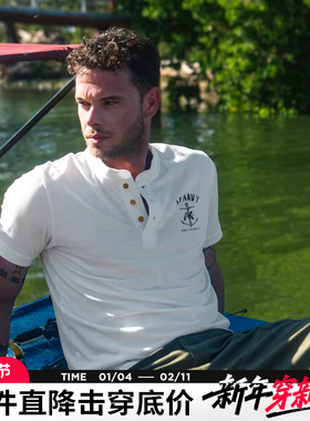 AK男装夏季新款NAVY复古亨利领棉质干爽亲肤海锚印花短袖T恤男