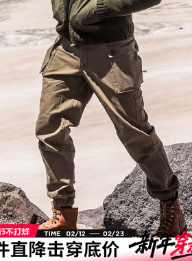AK男装重水洗复古卡其色立体口袋收脚口修身工装束脚长裤男