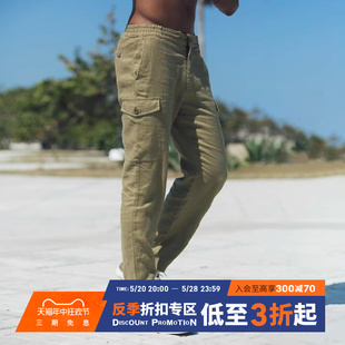 男 AK男装 新品 夏季 自由古巴亚麻复古旗唛装 饰休闲腿袋长裤