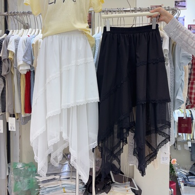 2026春夏季新款韩版百搭宽松休闲蕾丝拼接不规则吊斜半身裙女