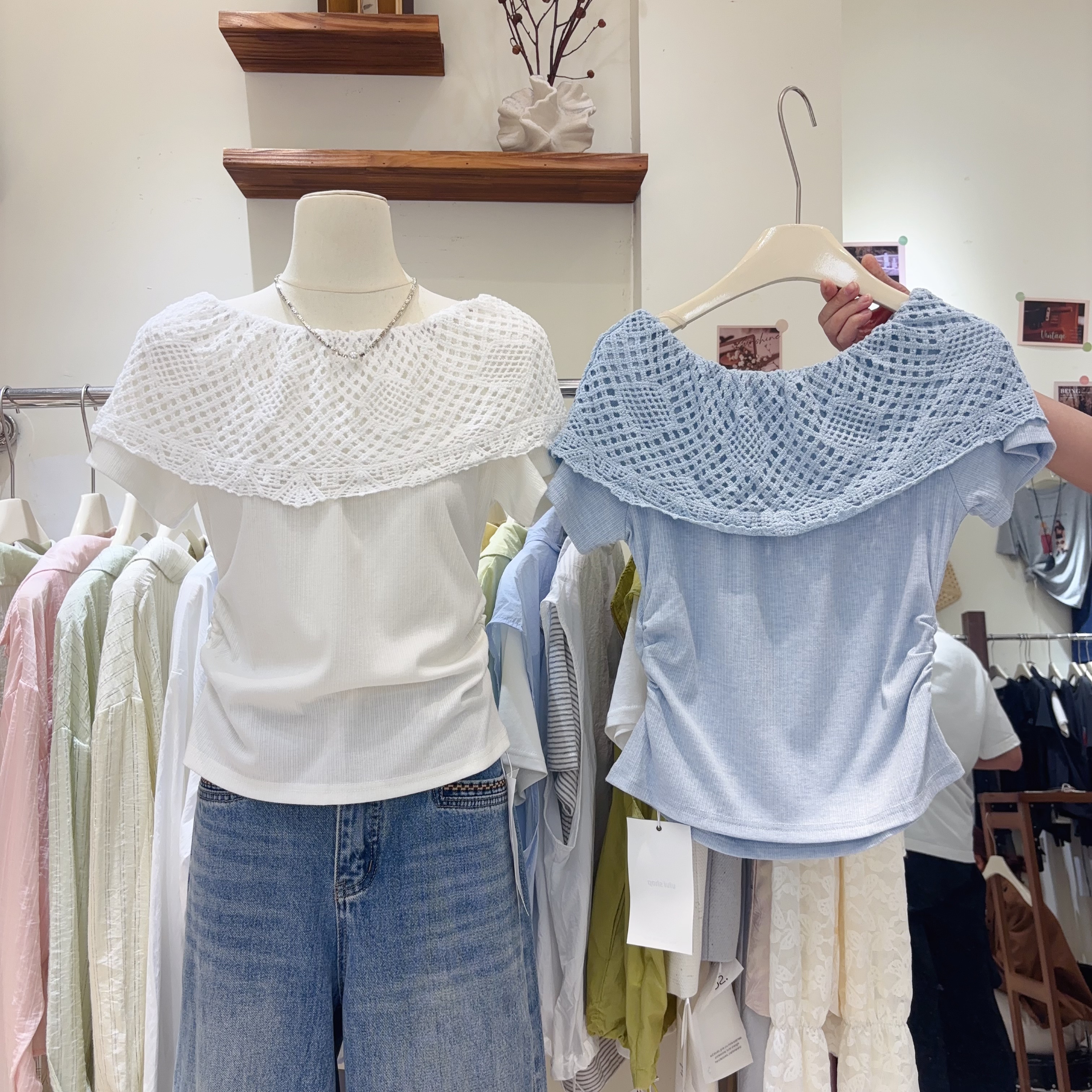 2026夏季新款韩版设计感针织格子拼接一字肩短袖t恤女披肩抽褶上