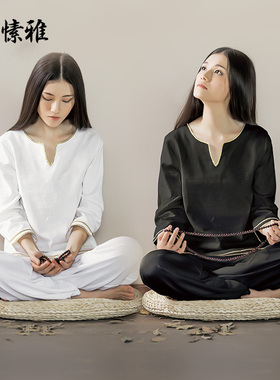康愫雅禅修服瑜伽服女宽松二件套棉麻亚麻白色佛系打坐禅服套装夏