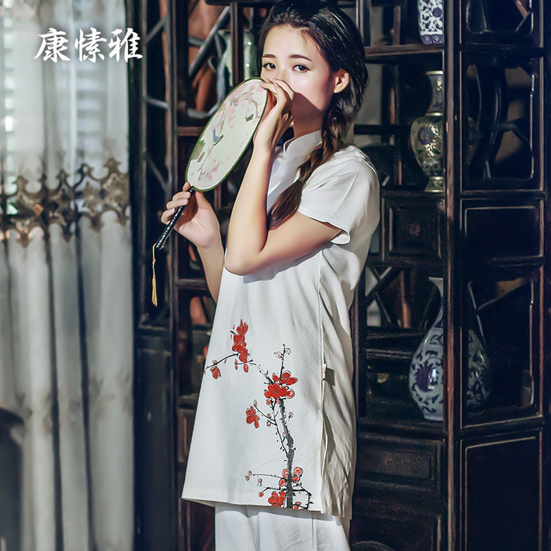 康愫雅棉麻瑜伽服套装女2018春夏季水墨印花禅修服短袖居士中国风