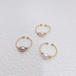 5A级高亮天然淡水珍珠戒指18K包金水滴形米形小金珠珍珠戒指