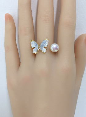 5A级高亮天然淡水珍珠戒指18K包金海盐碎冰晶蝴蝶珍珠指环手饰