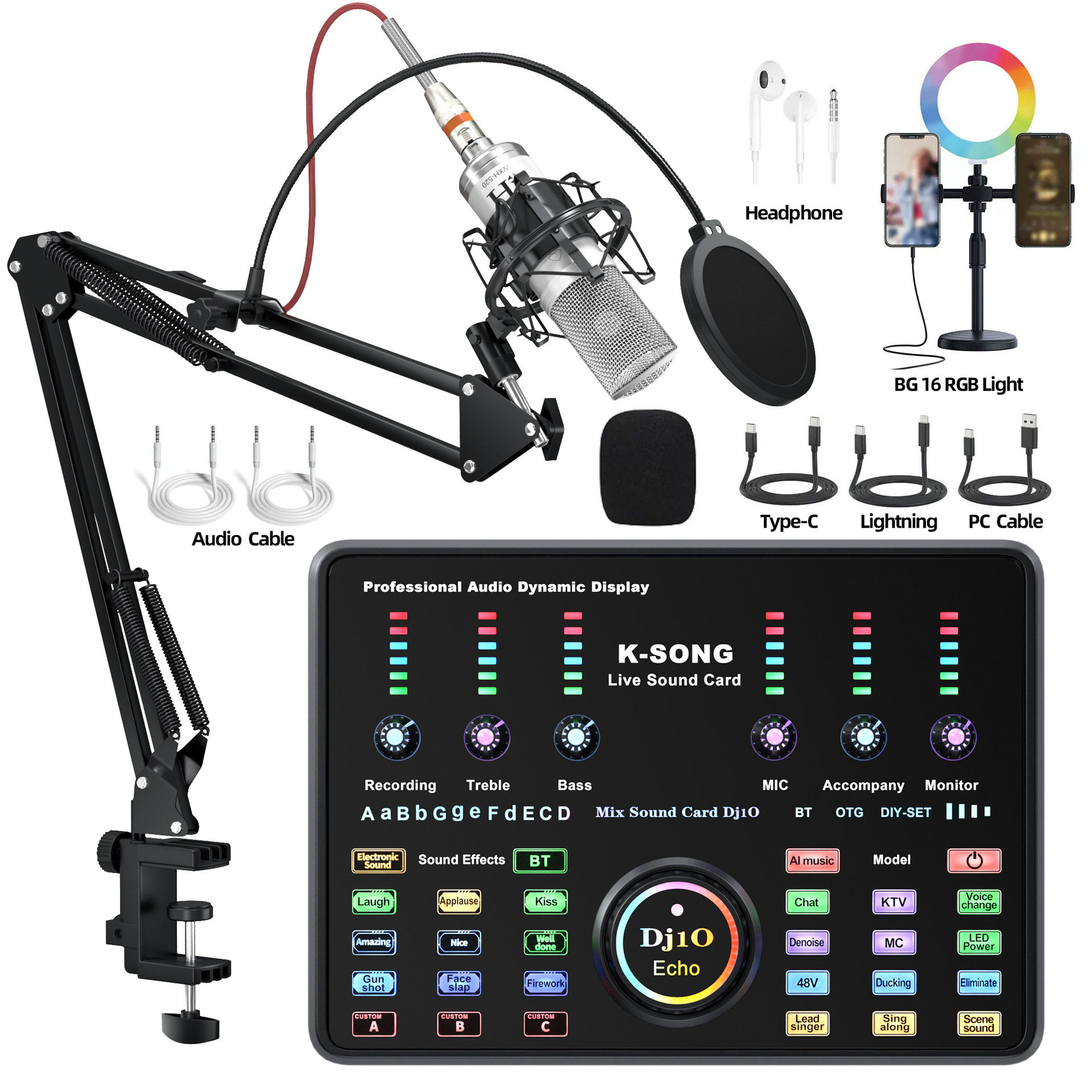 新款Temu直播声卡AI语音蓝牙专用全套手机K歌电脑通用AUDIO MIXER