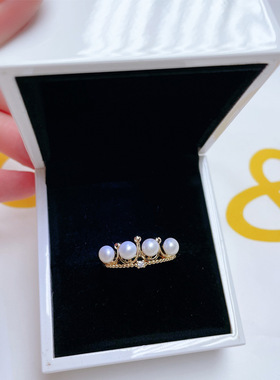 日韩甜美珍珠戒指多珠皇冠18k注金开口天然淡水珍珠白铜镀金直播