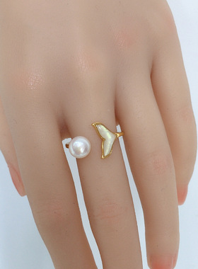 5A级高亮天然淡水珍珠戒指18K包金开口可调节鱼尾珍珠戒指