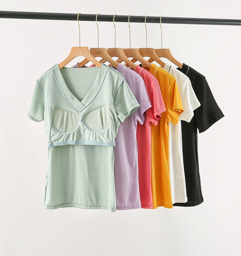 带胸垫宽松莫代尔女螺纹V领短袖