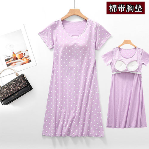 东红纯棉针织印花连衣裙睡衣女夏