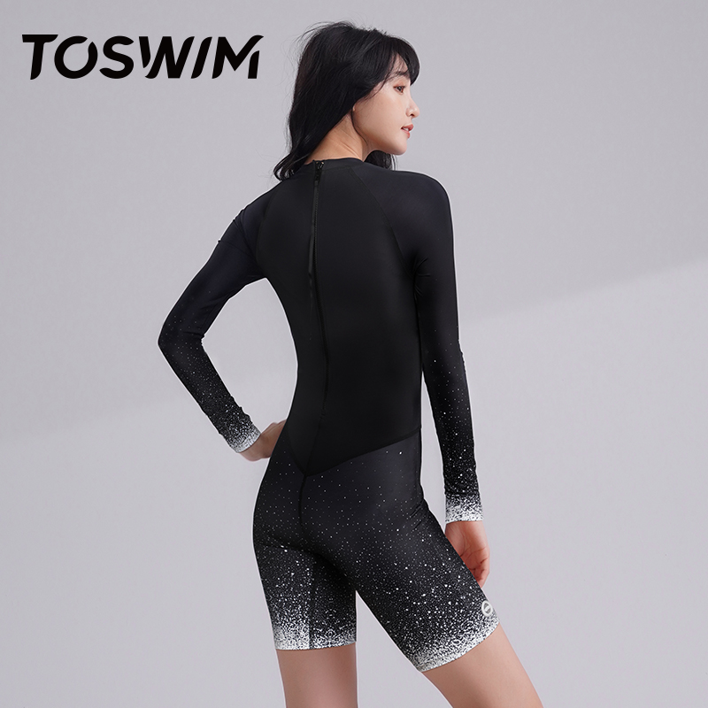泳镜侠推荐！TOSWIM连体泳衣女夏长袖防晒及膝保守遮肉显瘦游泳衣