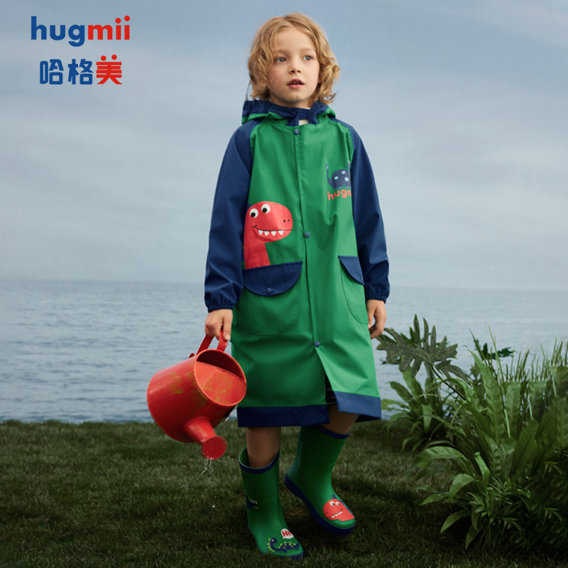 hugmii全身防水儿童雨衣带书包位