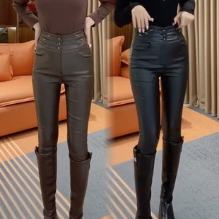 欧货高腰加绒PU皮裤女九分靴裤2025冬季新款磨毛打底裤小脚裤潮