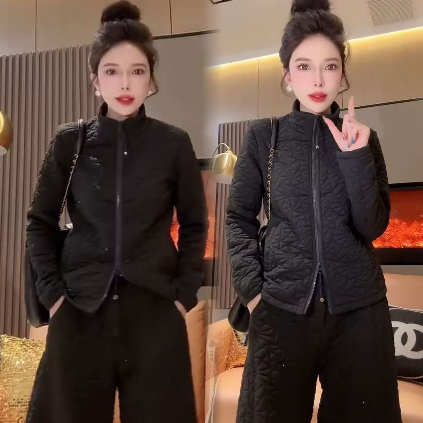 连帽加棉拉链上衣+阔腿裤两件套