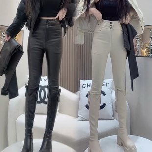 显瘦靴裤 2025欧货秋冬季 加绒弹力束腿涂层皮裤 三粒扣修身 高腰时尚