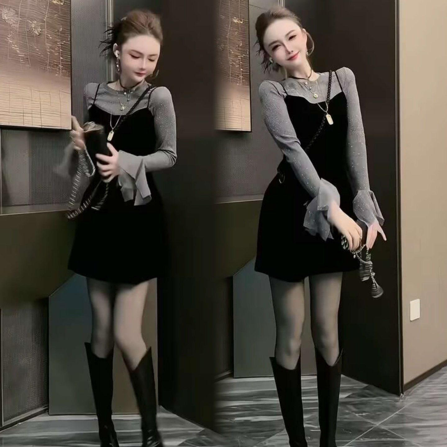 丝绒吊带连衣裙喇叭袖上衣两件套