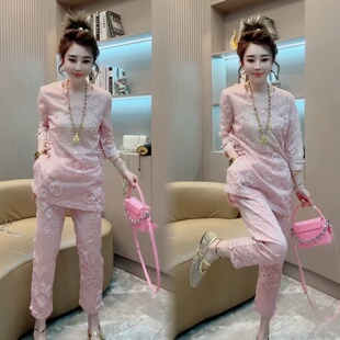 春夏季麻纱浮雕高级感减龄新中式刺绣国风衫+裤子时尚气质两件套