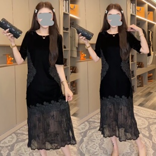 夏季薄款法式拼接蕾丝设计感半袖长裙宽松气质显瘦裙子连衣裙女