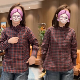 复古红格子小立领国风盘扣衬衫 新中式 洋气百搭气质上衣女 时尚 秋季