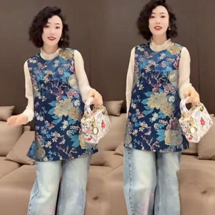 早春新款新中式织锦刺绣蓝牡丹国风马甲双层花苞立领百搭衬衫上衣