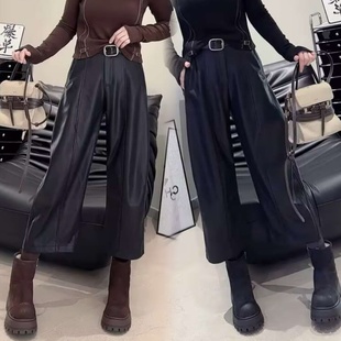 2025秋冬季轻奢风时尚洋气百搭加绒高级感蛋白皮裤宽松九分直筒裤