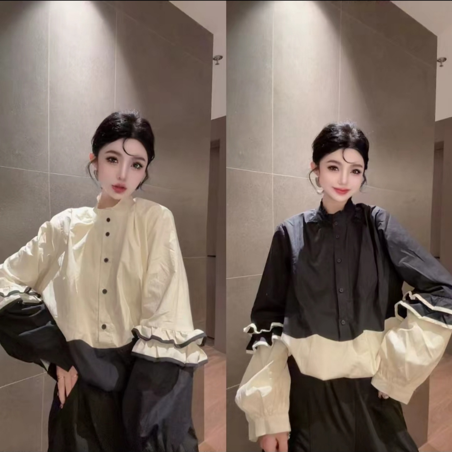 荷叶边灯笼袖拼接撞色衬衫短外套