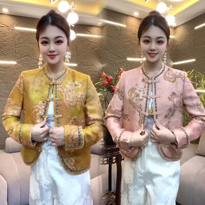 小立领提花刺绣盘扣短外套上衣女