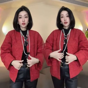 2026新款 洋气高级感新年战袍提花刺绣薄棉国风气质外套上衣棉服女