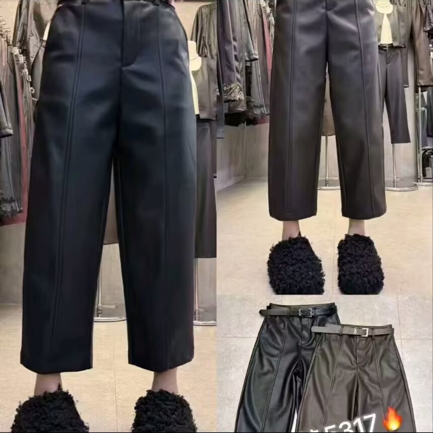 欧货秋冬新款百搭显瘦九分直筒阔腿弯刀裤女时尚气质加绒蛋白皮裤,女装/女士精品,休闲裤,淘宝优惠券,粉丝福利购,淘宝优惠卷