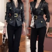 时髦个性 2025秋季 百搭爆款 洋气时尚 pu纯色高级腰带皮衣短外套 新款