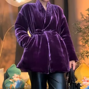 2025秋冬季新款真丝丝绒棉服上衣盘扣侧系带抽绳款加棉国风棉衣女