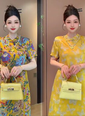提花复古A字国风旗袍裙连衣裙