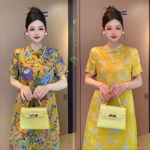 提花复古A字国风旗袍裙连衣裙