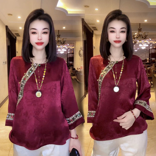 新款新中式国风缎面提花拼接彩色刺绣衫2025秋冬复古衬衣小褂上衣